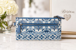 Brighton Blue White Organizer Wallet ID Window Card Holder Double Zip Leather